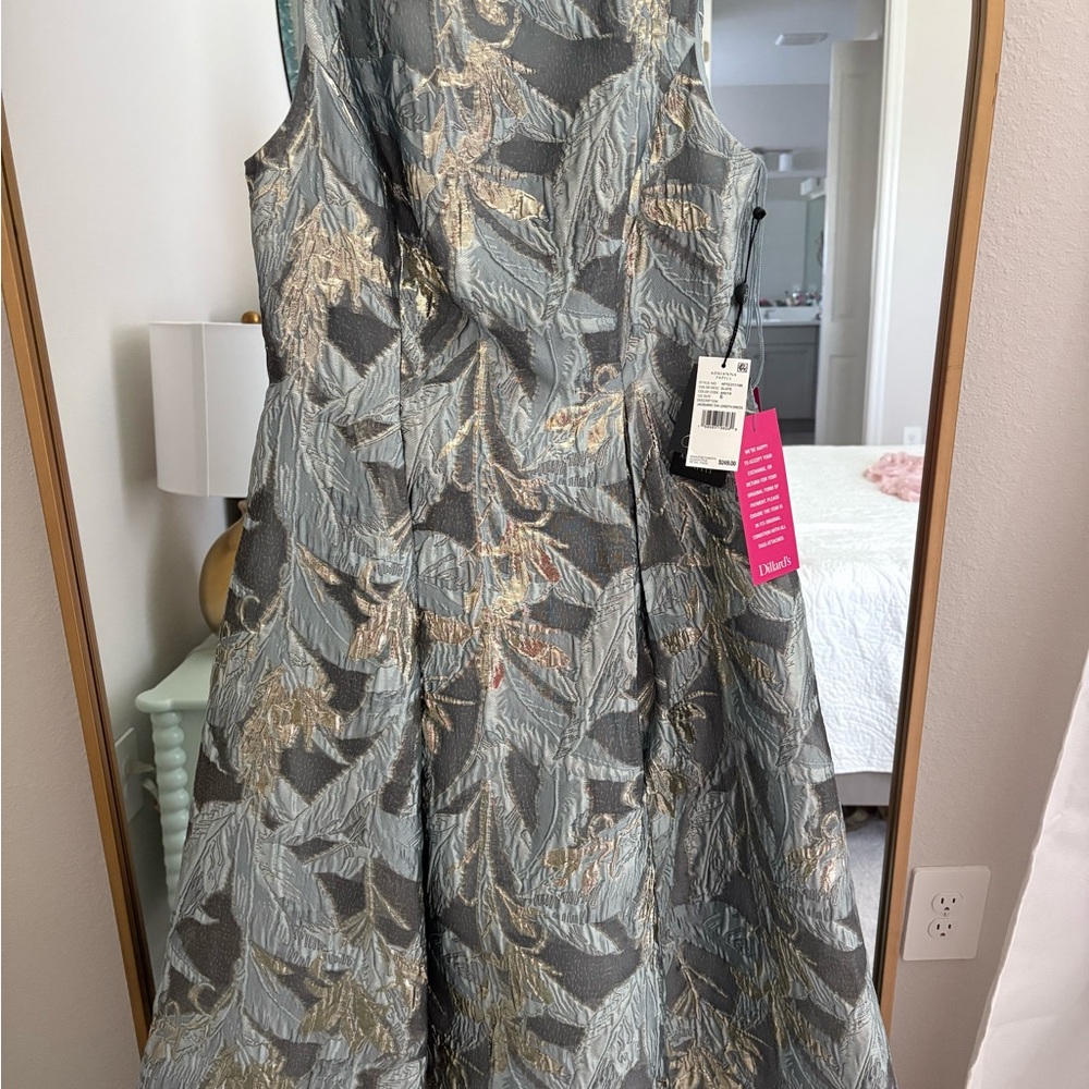Adrianna Papell Slate Jacquard Tea-Length Dress with Gold Accents
